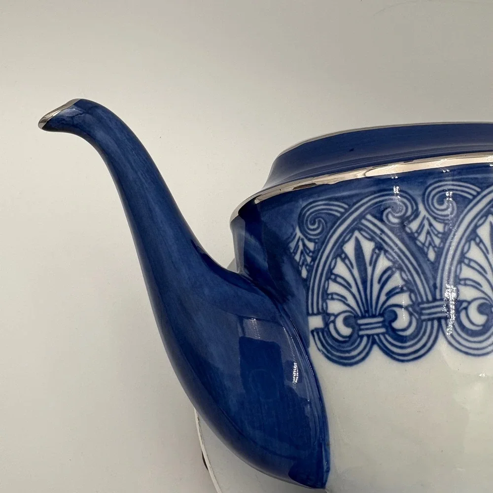 Bombay Blue White Silver Trim‎ Ceramic Teapot Decorative VTG